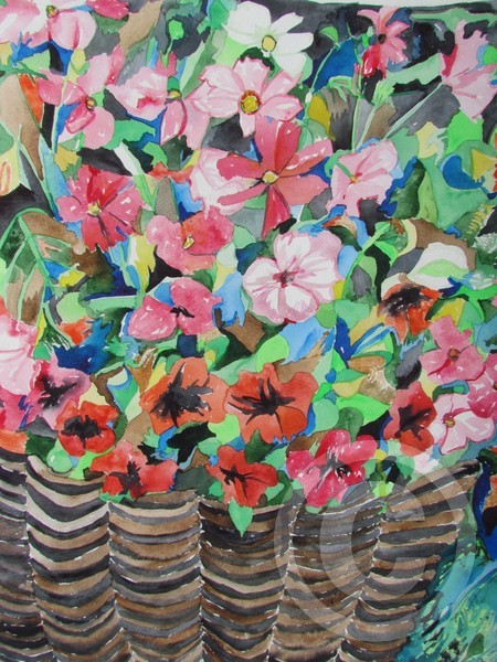 Cosmos and Petunias in a Wicker Basket, Aquarelle, 2012, 45.7 x 61 cm., 18 x 24 in