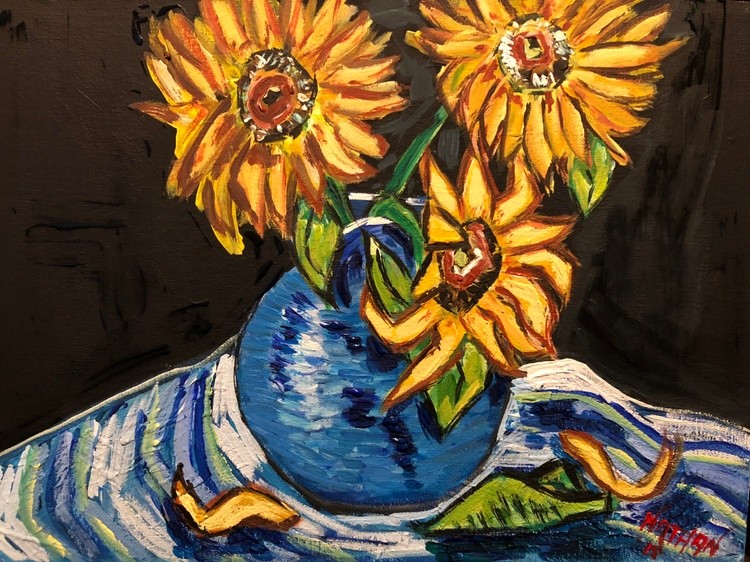 Three Sunflowers in a Blue Vase