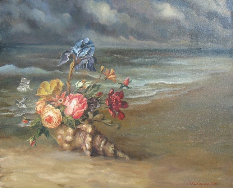 Dusk. Flowers and the sea.