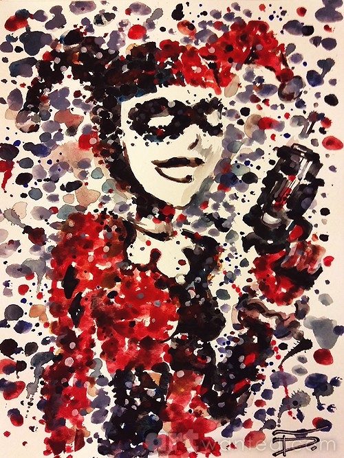 Harley Quinn splatter style watercolours painting