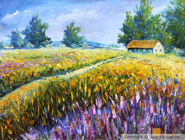 Landscape knife painting: Summer in village. Artis