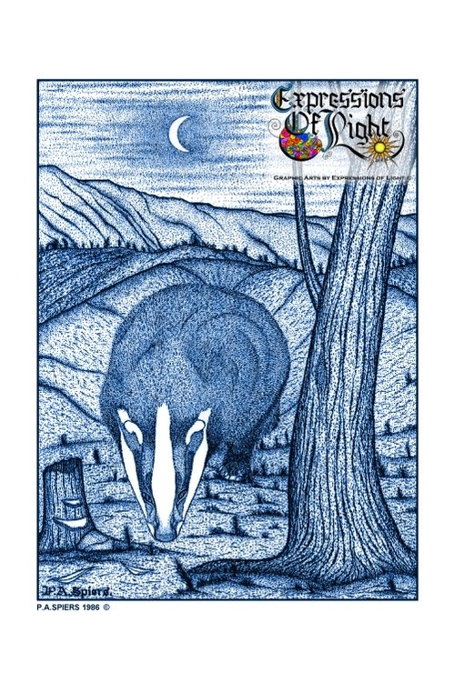 ExpoLight-Graphic-Arts-Badger-In-Moonlight-1986-0001 (Pen-&-Ink-Blue-Sepia-SP)
