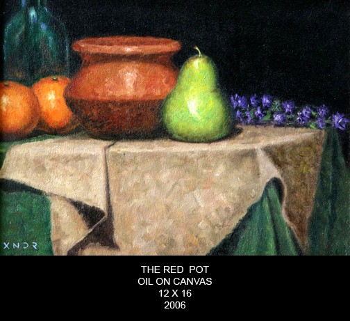 stills with pot, flowers and fruits