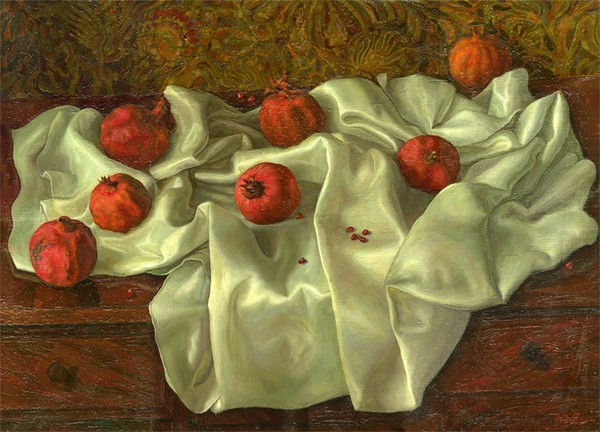Stven pomegranades on pearl silk