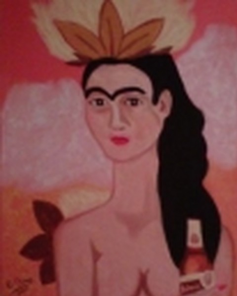Portrait of Frida Khalo having a beer