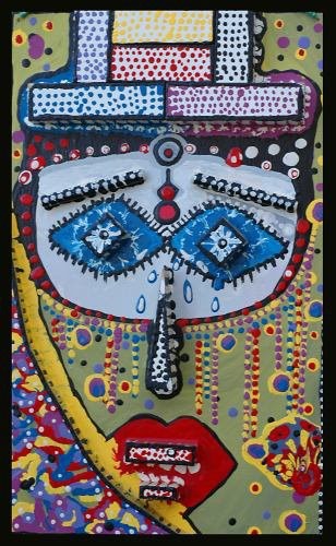 Woman Israeli artist colorful wood relief
