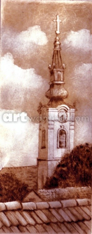 Roofs of old houses and a view of the famous church in Zemun. Artistic souvenir of Belgrade