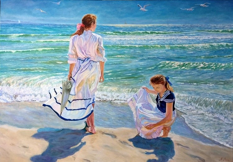 Oil on Canvas - Study of the Painting GIRLS ON THE BEACH by the artist Alexander Averin - (70 x 100 