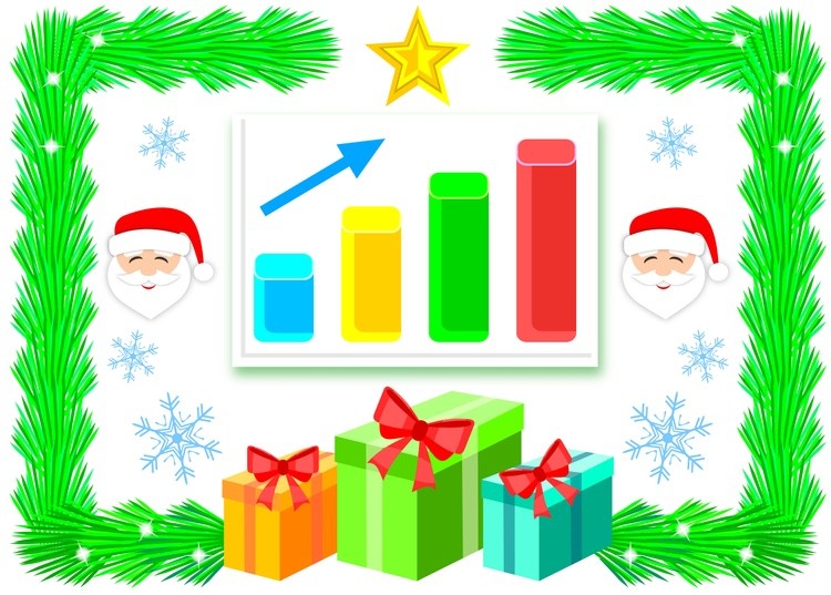 Business, picture with a graph of the positive results of the year with spruce, Santa and gifts