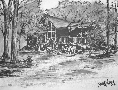 Log Cabin pen and ink drawing