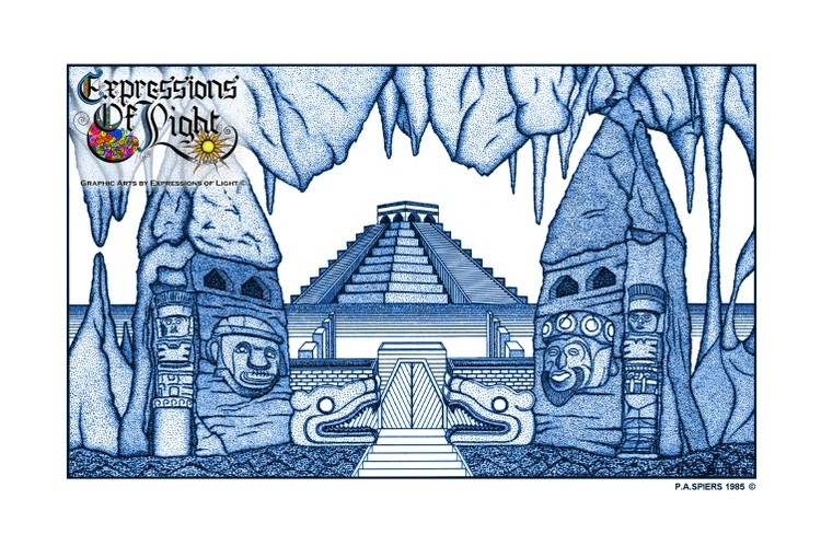 ExpoLight-Graphic-Arts-Aztec-Temple-1985-0001 (Pen-&-Ink-Blue-Sepia-SP)