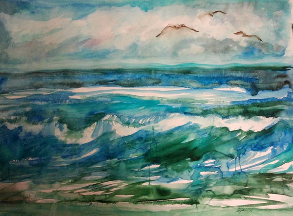 Watercolor original painting Abstract ocean view