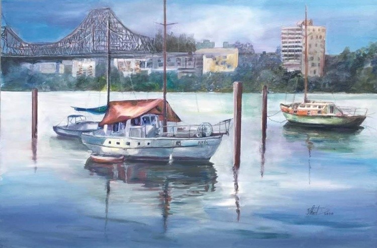 Brisbane River and Story Bridge. Oils on canvas.