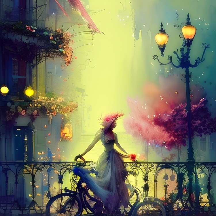 Watercolor victorian woman and bicycle