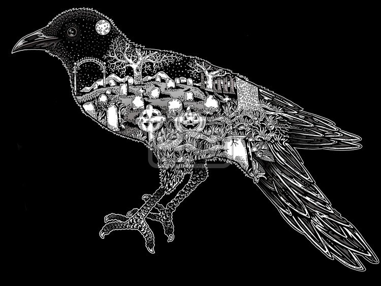 Crow Silhouette - Pumpkins and Tombstones