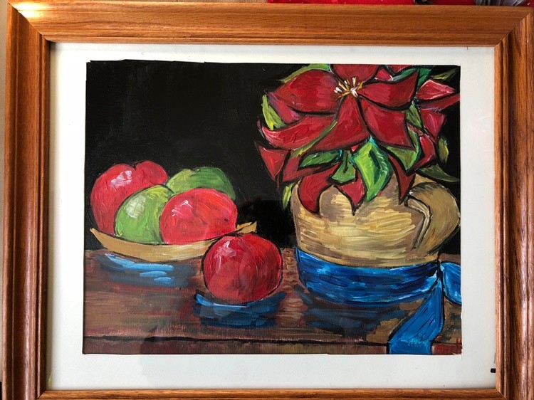 Poinsettia and Basket of Apples