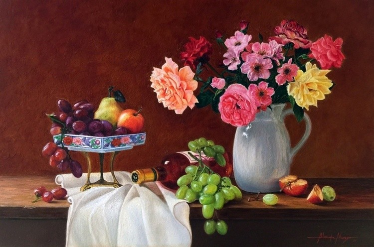 Flores Frutas e Vinho - Oleo sobre Tela (40 x 60 cm) 2021Flowers Fruits and Wine - Oil on Canvas (40