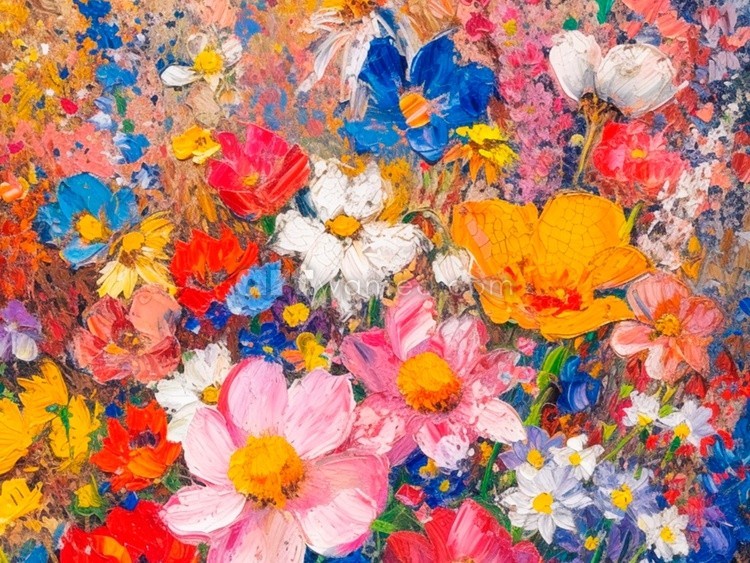 Spring Print, Flower Field Landscape Printable Art, Flower Meadow Oil Painting, Vintage Style decor