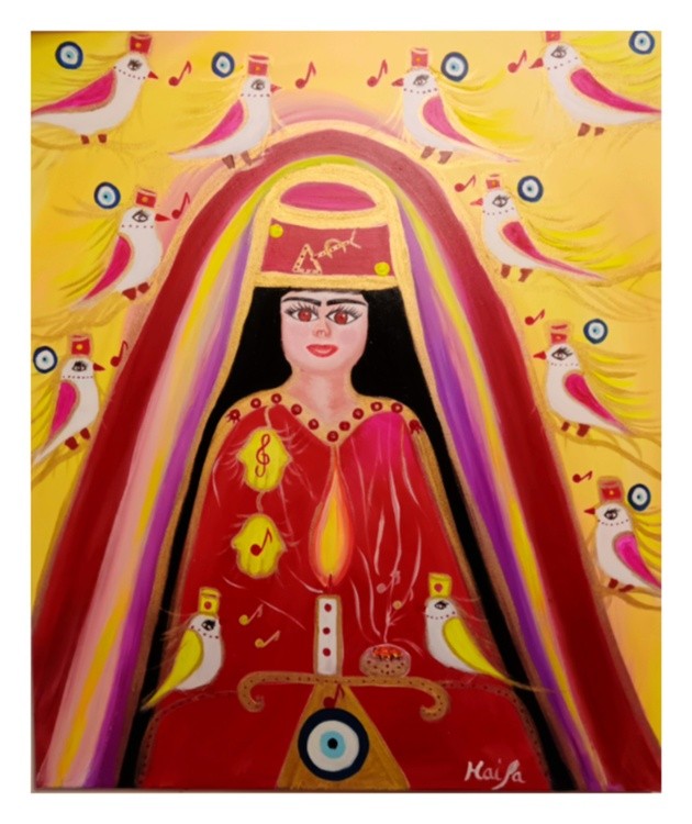 LA PRETRESSE DU TEMPLE SACRE ET DES OISEAUX AUX CHANTS DE LUMIERE  Technique  Huile et acrylique Dim