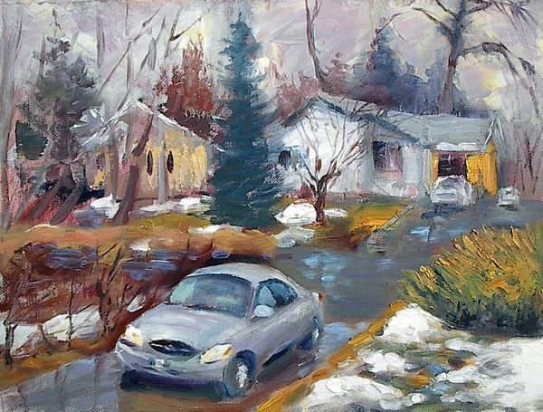 A window view on a gloomy rainy and snowy day
