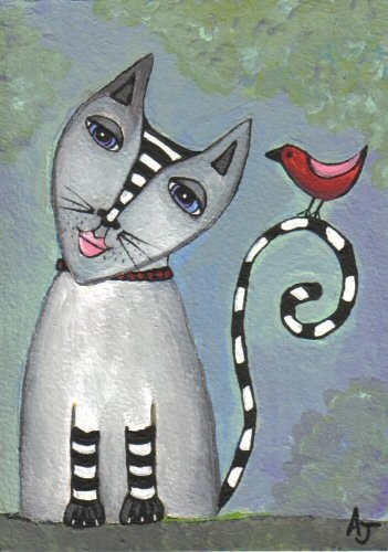 Striped Cat & Red Bird