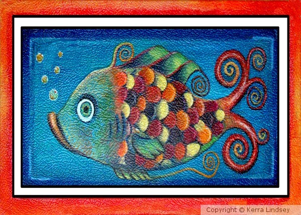 Whimsical Rainbow Fish Cyan Blue Red and Yellow
