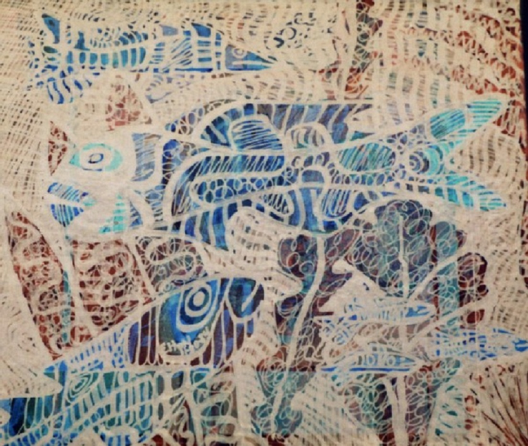 Another Fish Story..(C) 2006..ELTON HOUCK.. MIXED MEDIA/PAPER 11X15.SCANOLOGY./ELTONS ART TIME VAULT
