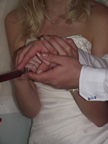 Hands cutting the cake