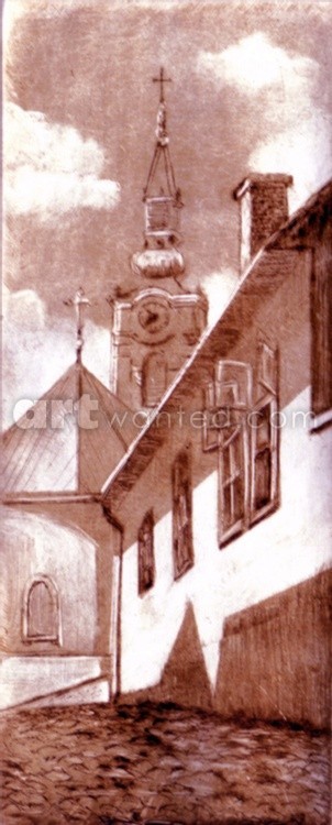 Zemun street with cobblestones overlooking the church. Artistic souvenir of Zemun