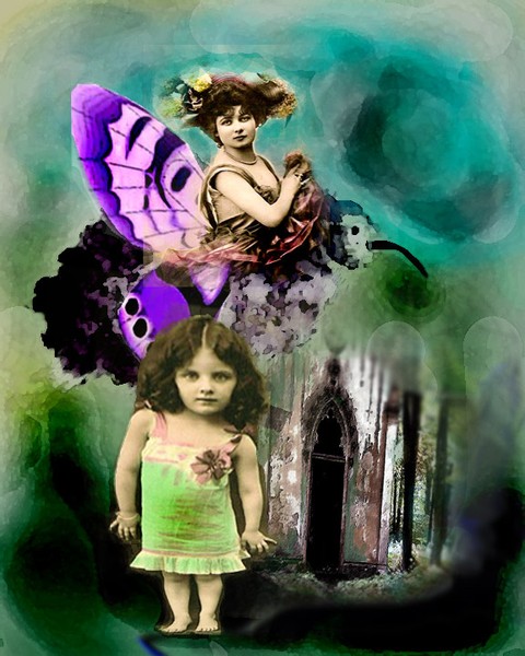 DIGITAL COLLAGE FANTASY BIRD FAIRY  & WOODS CHILD 