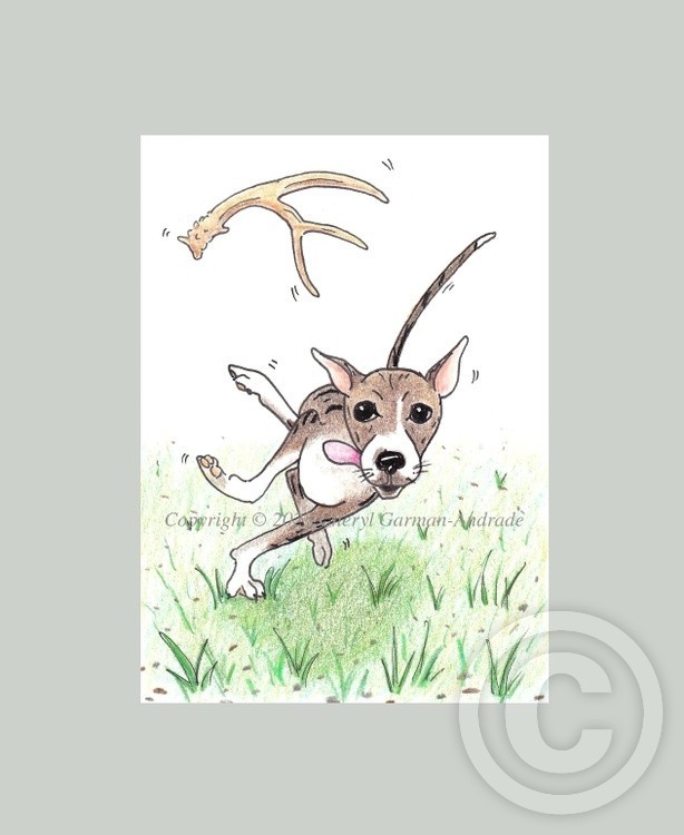 Whimsical Brindle Dog Fetching an Antler ACEO 