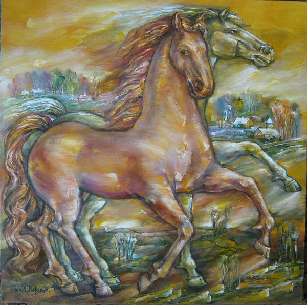 'HORSES IN NATURE'-Oil/Canvas-55/55cm