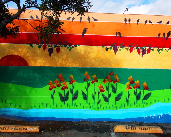 two muraled fences and a tree