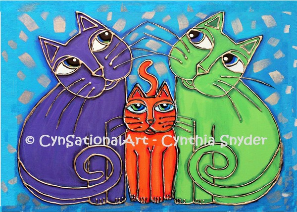 Neon Cat Trio (purple orange green)