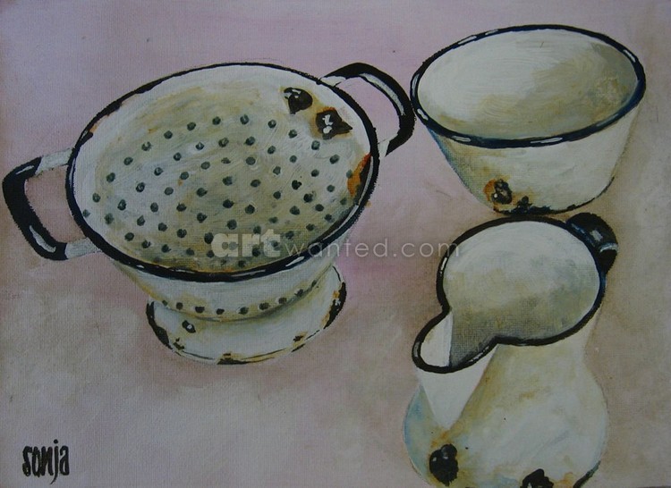 Enamelware on table