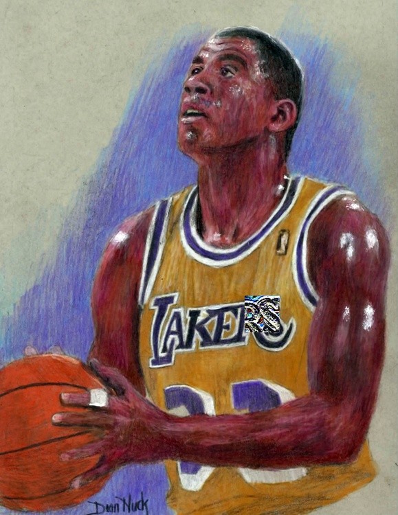 Magic Johnson - AT THE LINE - Colored Pencil Drawing by Dean Huck