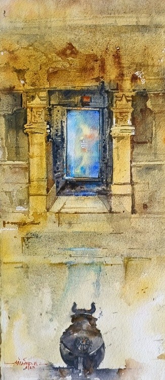 Panhale Kaji Cave Milind Bhanji Watercolor 14x8 Inch