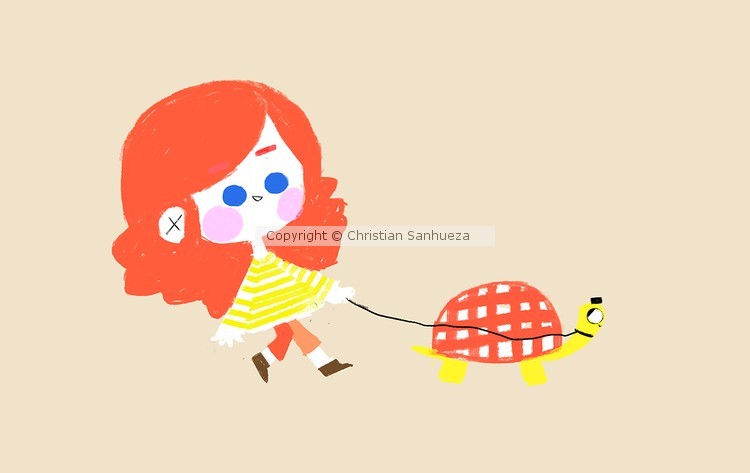 Little girl walking her turtle