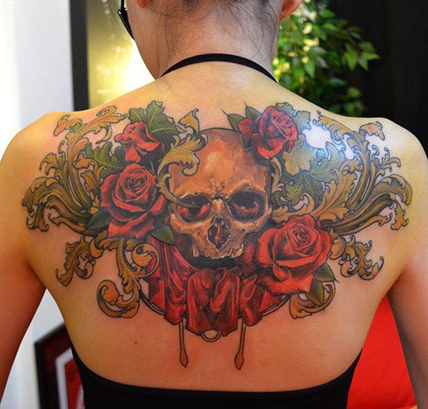 Skull and Roses Tattoo on Back