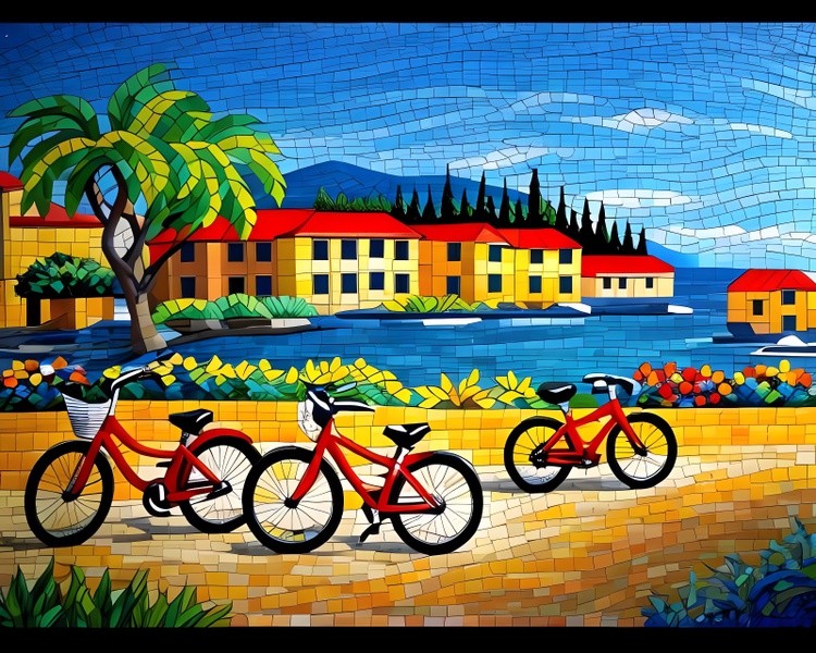 Bicycles by a Vibrant Seaside Town