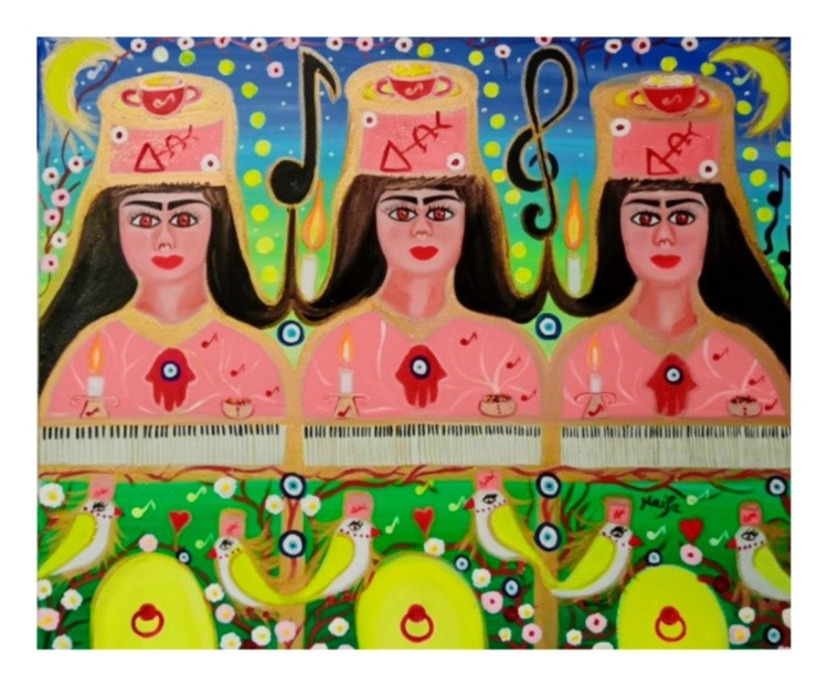 LES TROIS PRETRESSES DE LUNIVERS ET DES MELODIES DIVINES Acrylique  huile sur toile - 45 x 56 cmAuj