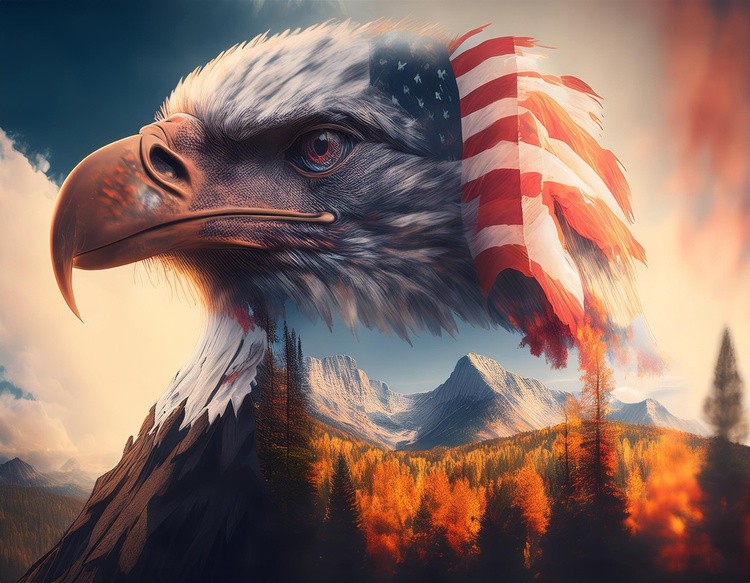  first image is a Majestic American Bald Eagle with American flag