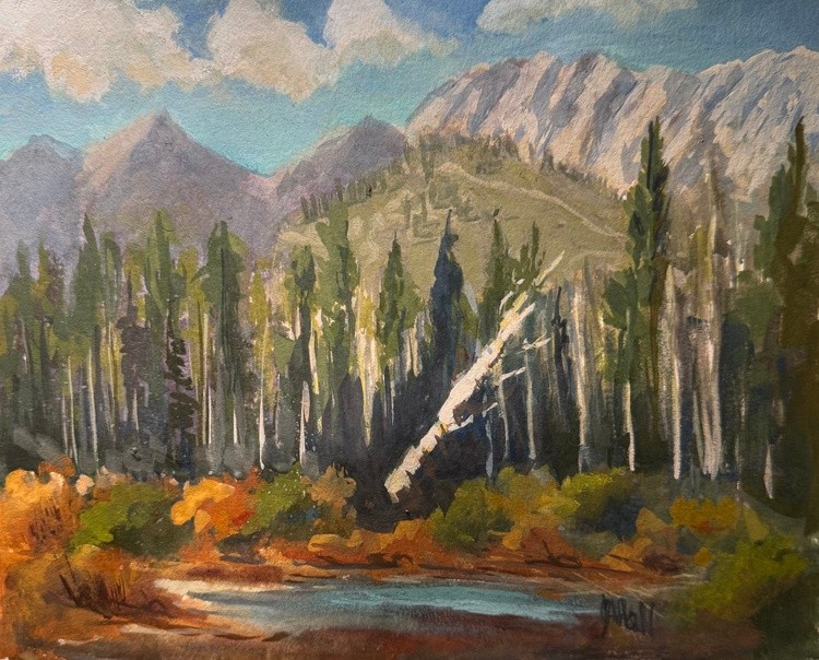 $120 Willow Lake Fallen Aspen Plein-Air gouache on paper 10”x8” 