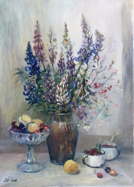 Still-life with lupins and pefches
