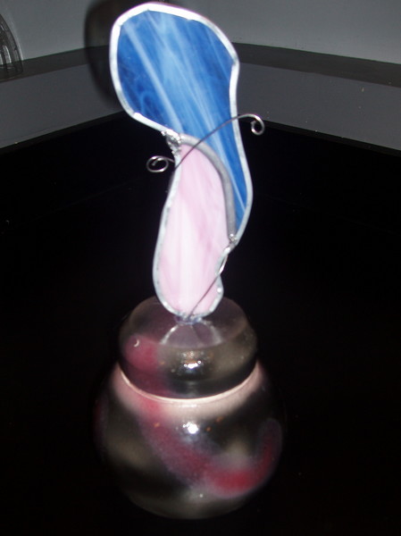 Pink & Blue Stain Glass Handled Lidded Jar