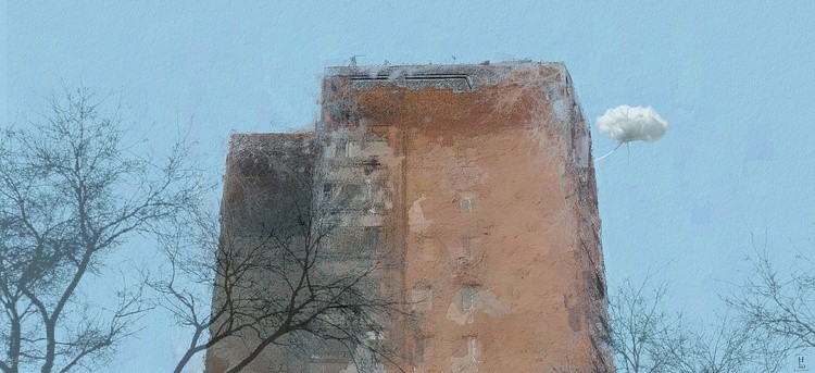 tall house with a cloud
