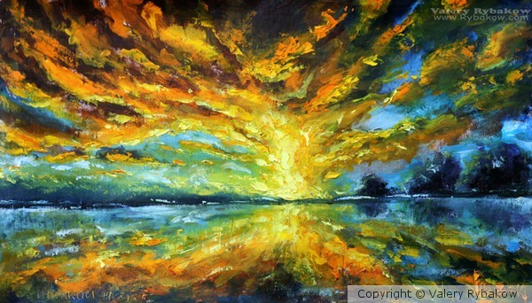 knife painting: Magic sunrise over the lake