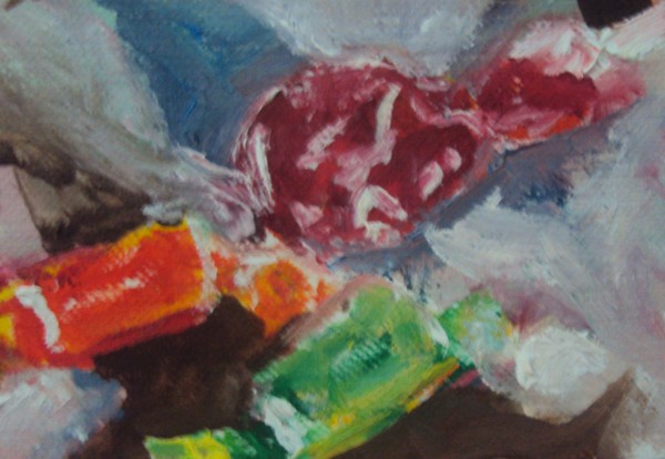 Candy oil painting still life on small canvas