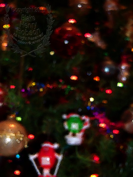 Christmas tree, ornaments, tinsel & colorful light