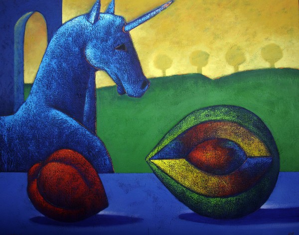 Trees at sunrise and blue unicorn